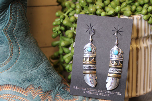 Navajo Tommy Rosita Singer Sterling Silver & 18ct Gold Handmade Turquoise Hook Earrings