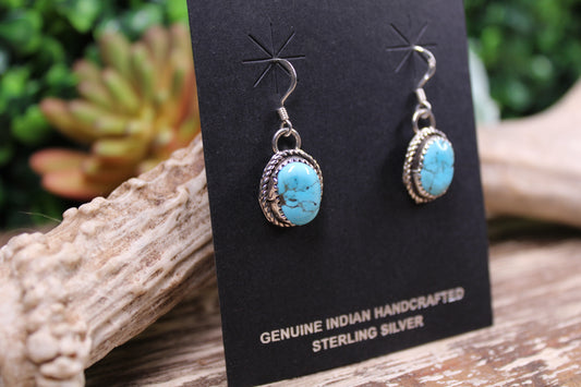 Raymond Yazzie Navajo Handmade Sterling Silver Kingman Turquoise Hook Earrings