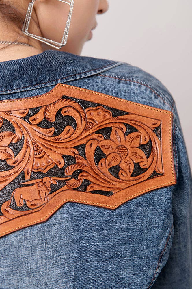 Light Wash Western Denim Shirt with Hand-Tooled Leather Floral Yoke