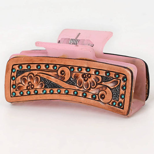 Tooled Leather Hair Pink Clip