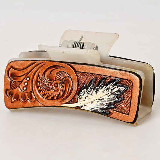 Tooled Leather Feather Hair Clip