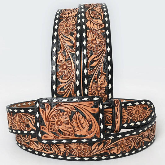 Black & Saddle Hand Tooled Leather Western Belt - Floral Vine Design