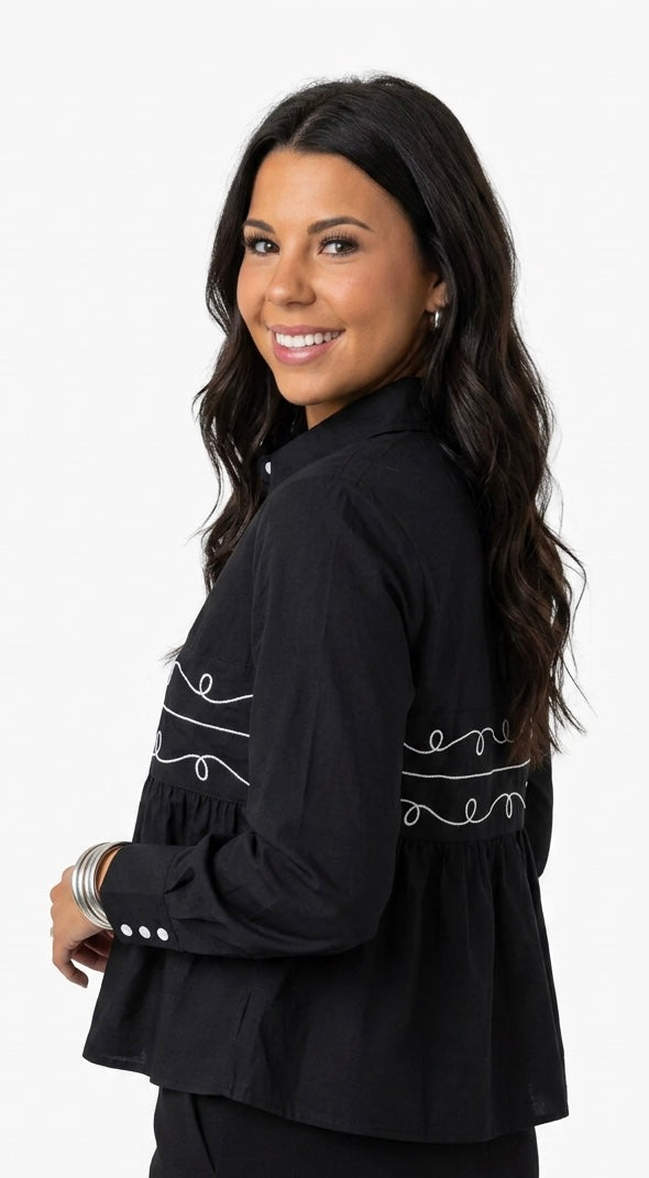 Midnight Loopty Lou Long Sleeve Pearl Snap Top