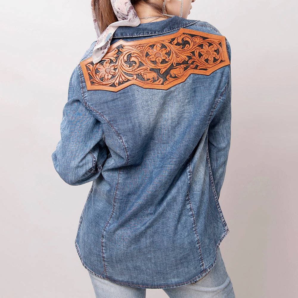 Light Wash Western Denim Shirt with Hand-Tooled Leather Floral Yoke