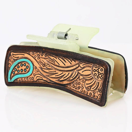 Western Paisley & Feather Tooled Leather Hair Clip