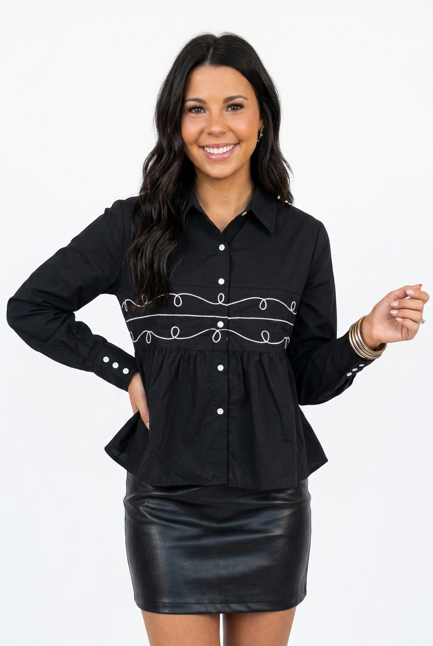 Midnight Loopty Lou Long Sleeve Pearl Snap Top