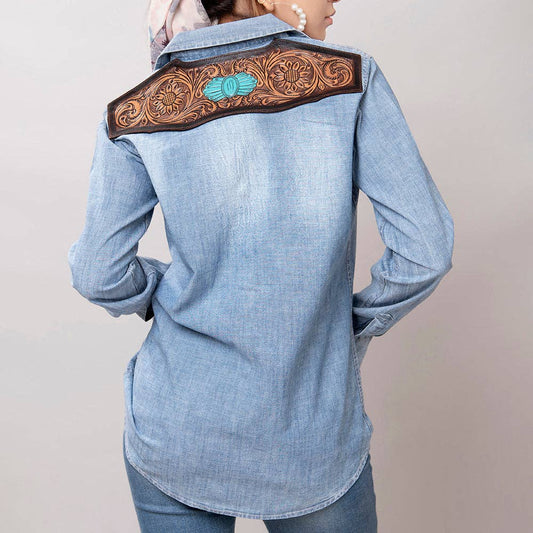 Light Chambray Western Shirt with Tooled Leather Yoke & Turquoise Concho