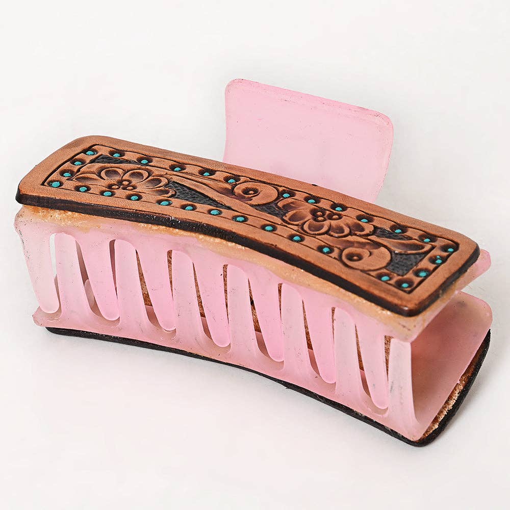 Tooled Leather Hair Pink Clip