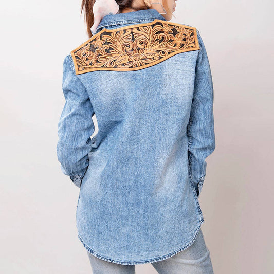 Women's Denim Shirt with Hand-Tooled Floral Leather Yoke