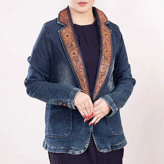 Western Denim Blazer with Sunflower Tooled Leather Lapels