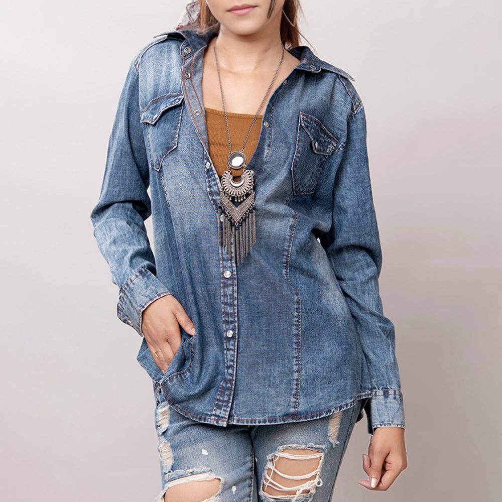 Light Wash Western Denim Shirt with Hand-Tooled Leather Floral Yoke