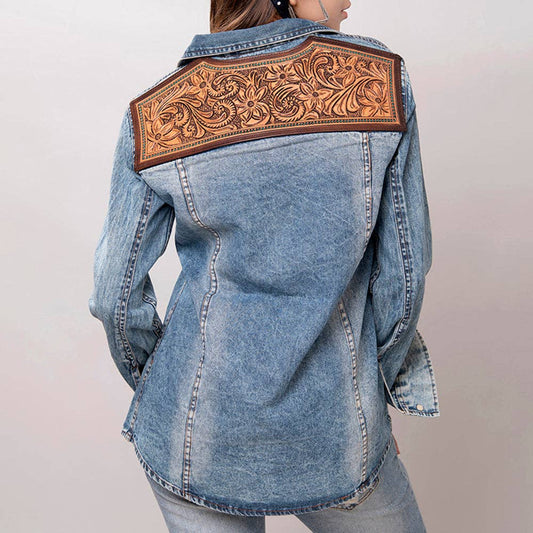 Western Denim Shirt with Sunflower & Cactus Tooled Leather Yoke