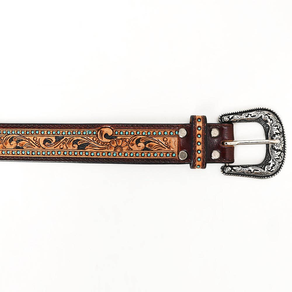 Tooled Leather Western Belt - Floral Scroll with Turquoise Stud Accents