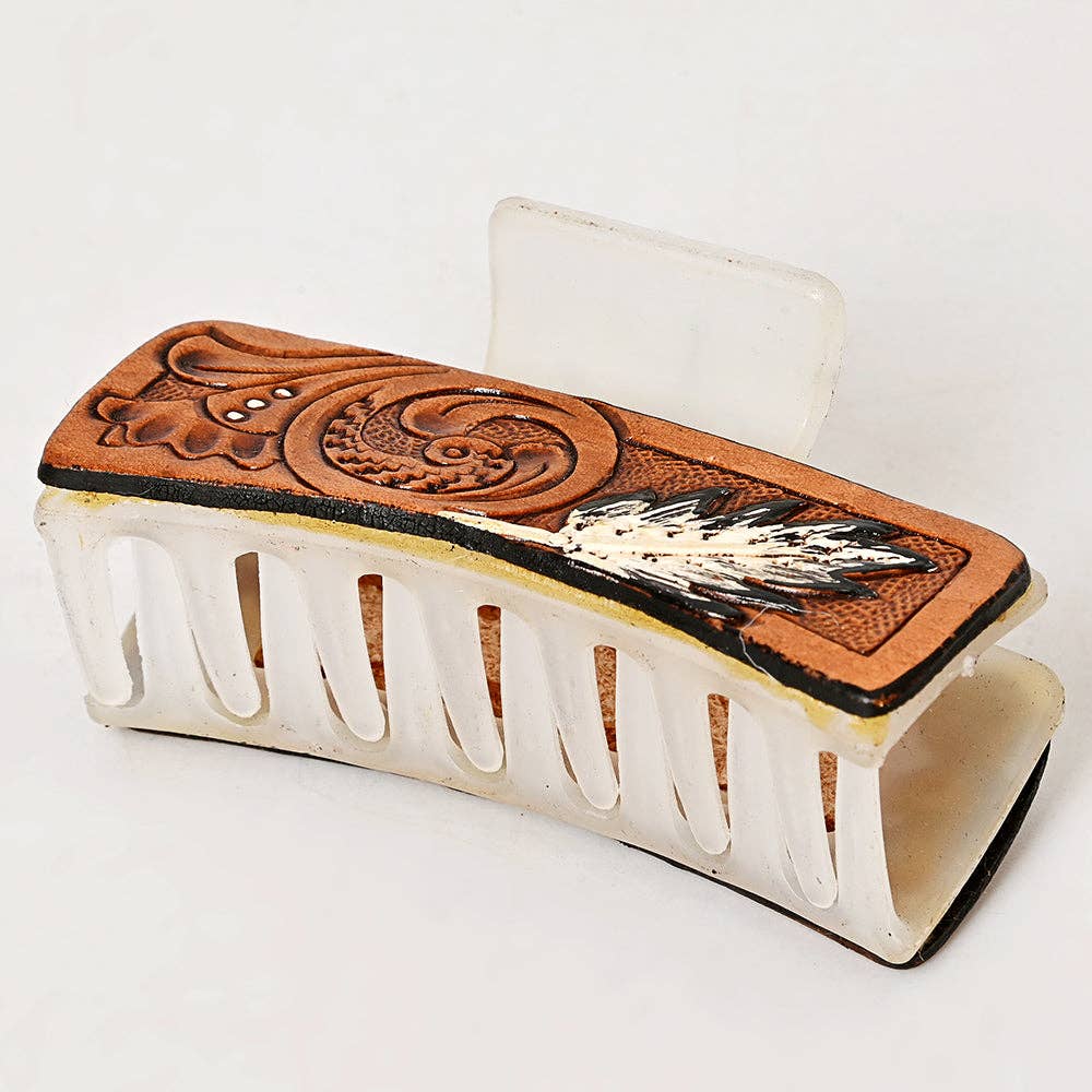 Tooled Leather Feather Hair Clip
