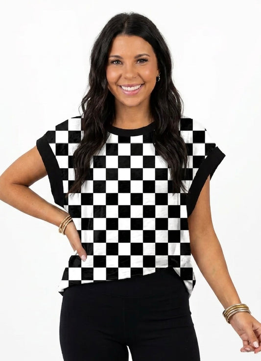 Black & White Checkerboard Cross-Back Top