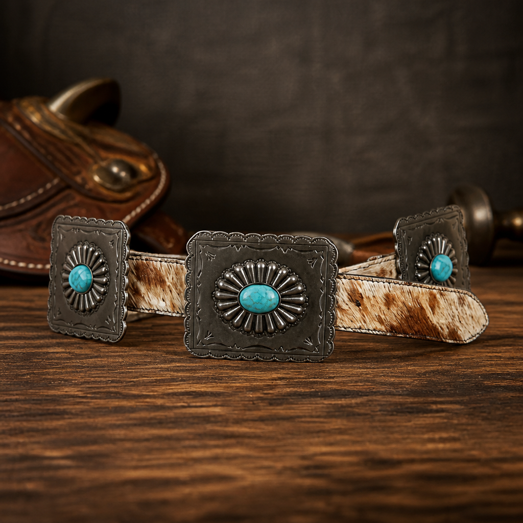 Cowhide Genuine Leather Rectangle Turquoise Oval Stone Concho Belt