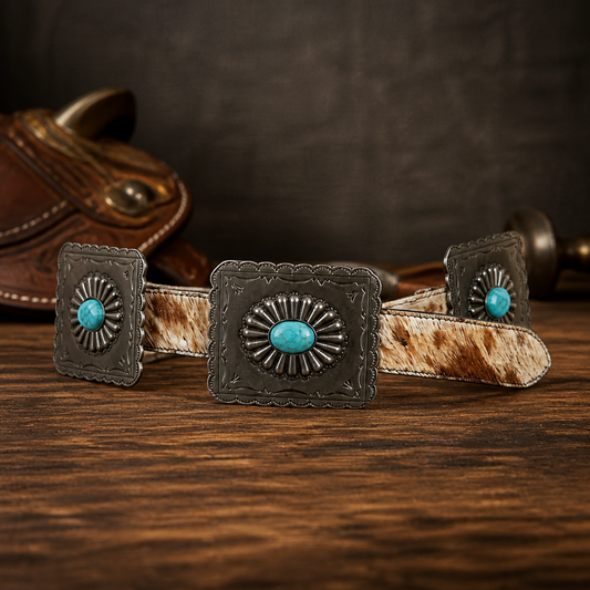 Cowhide Genuine Leather Rectangle Turquoise Oval Stone Concho Belt