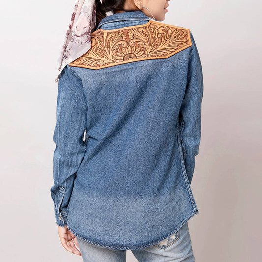 Mid-Wash Western Denim Shirt with High-Detail Hand-Tooled Leather Yoke