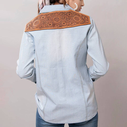Light Denim Western Shirt with Sunflower Tooled Leather Yoke