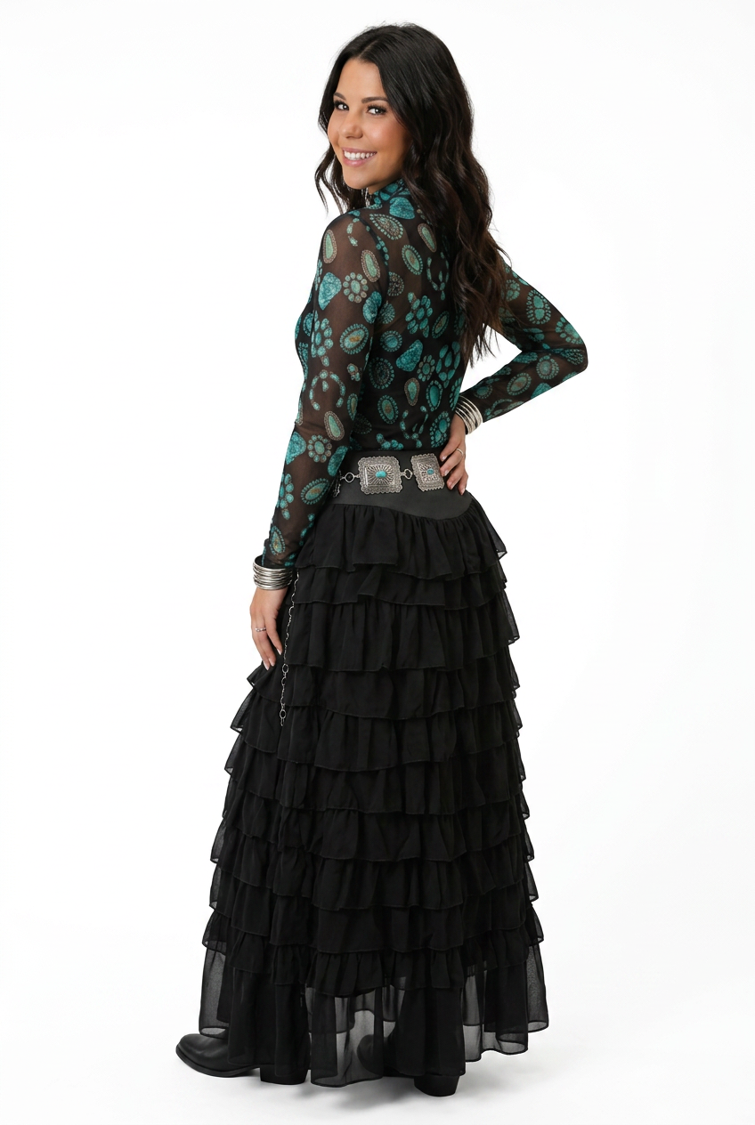 Black Ruffle Multi-Tier Maxi Skirt