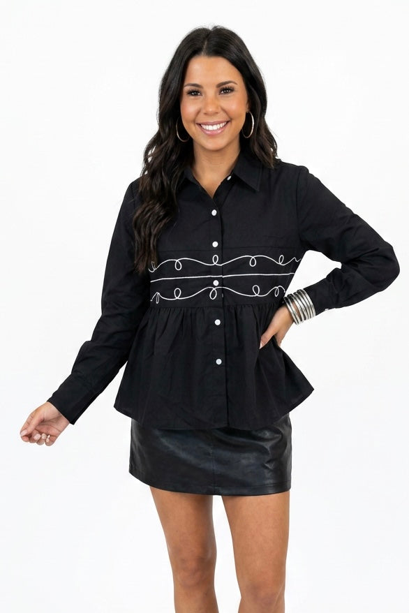 Midnight Loopty Lou Long Sleeve Pearl Snap Top