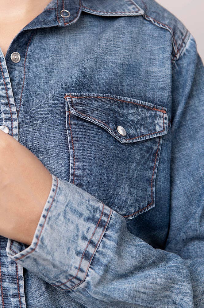 Light Wash Western Denim Shirt with Hand-Tooled Leather Floral Yoke