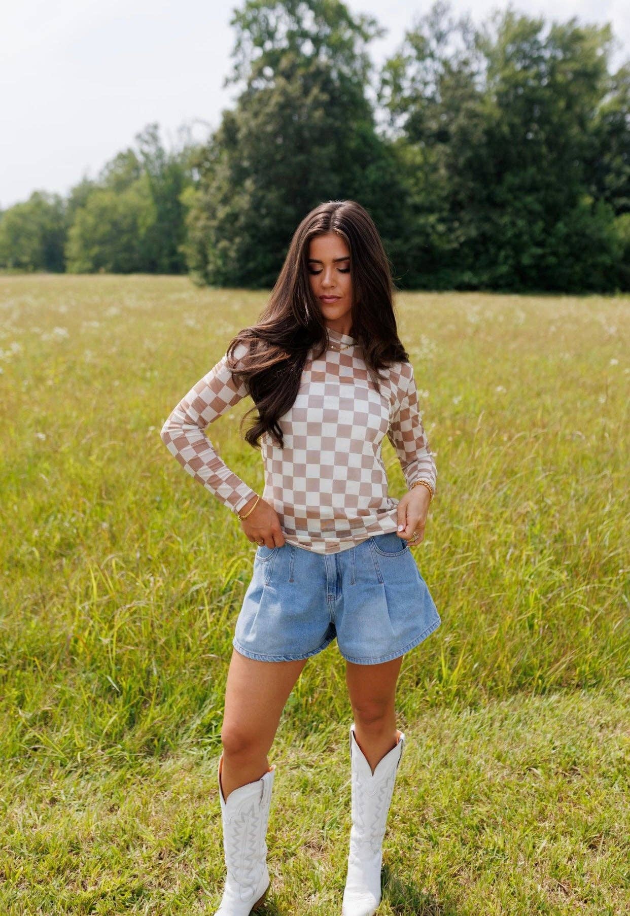 Tan & Cream Checkerboard Mesh Top