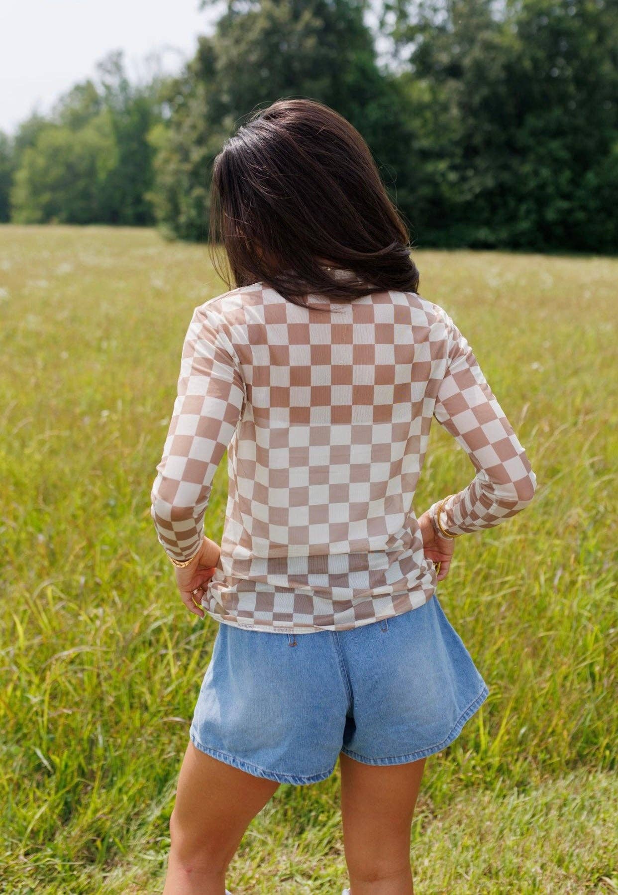 Tan & Cream Checkerboard Mesh Top