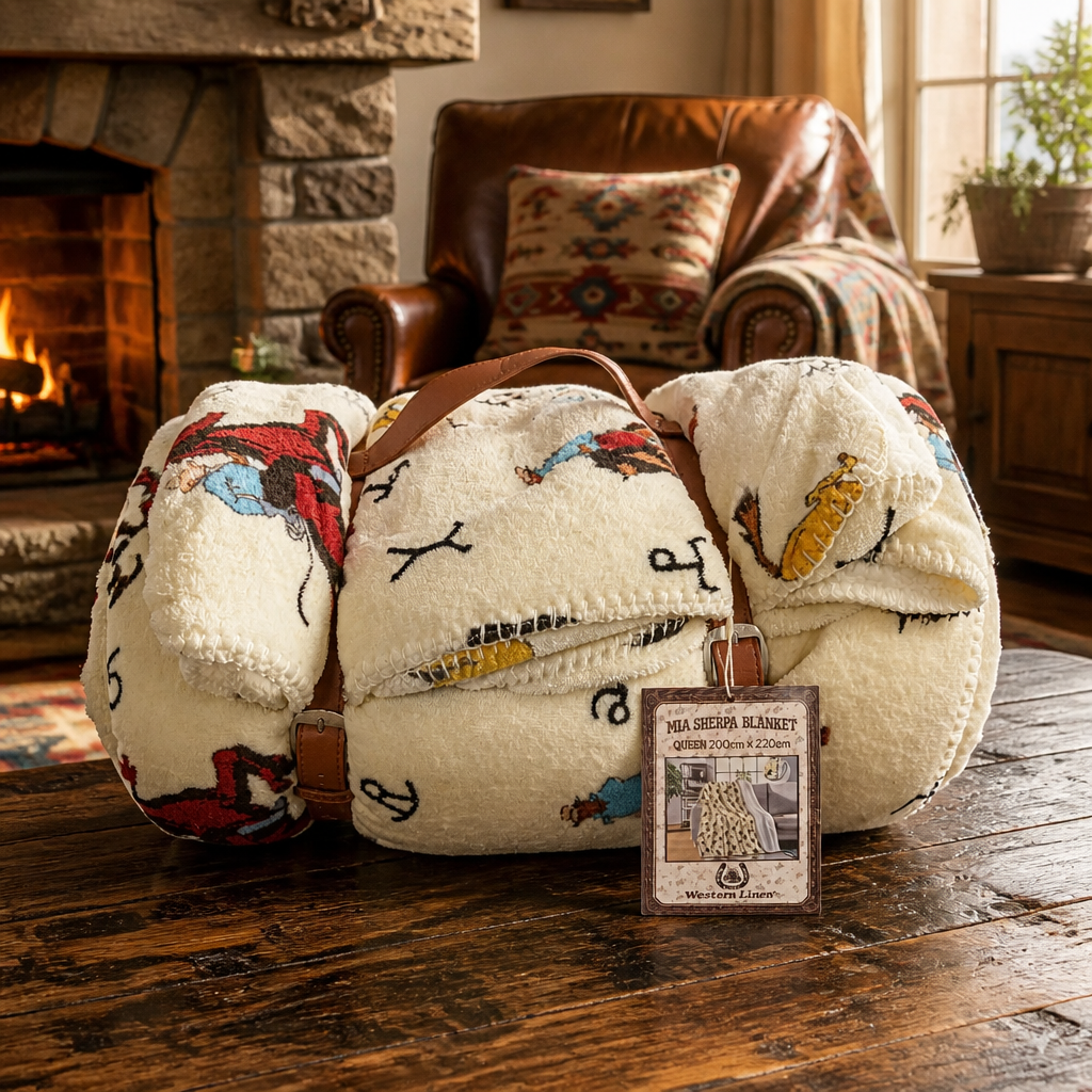 Beige Queen Sherpa Western Rodeo Blanket