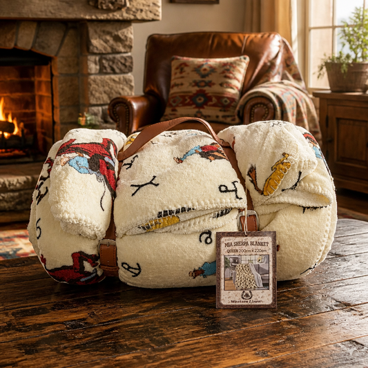Beige Queen Sherpa Western Rodeo Blanket