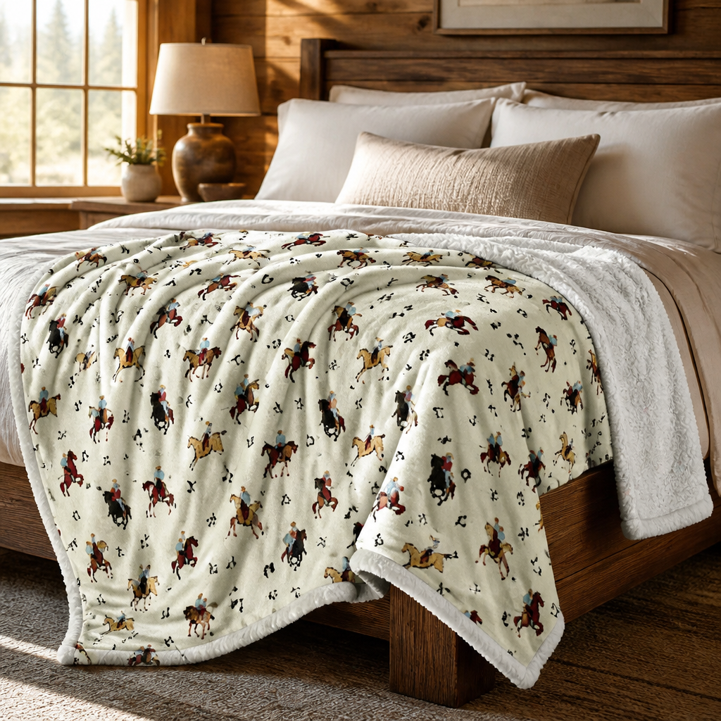 Beige Queen Sherpa Western Rodeo Blanket