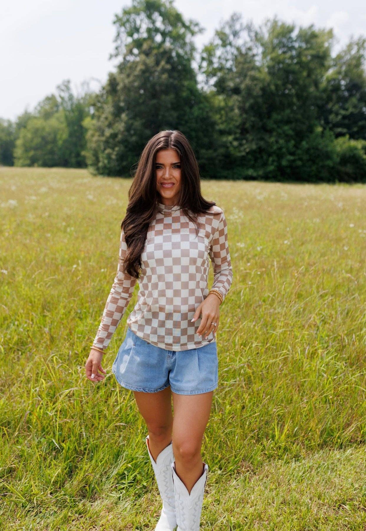 Tan & Cream Checkerboard Mesh Top