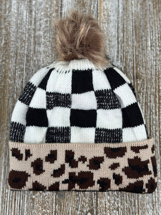 Wildly Checkered Leopard Pom Beanie