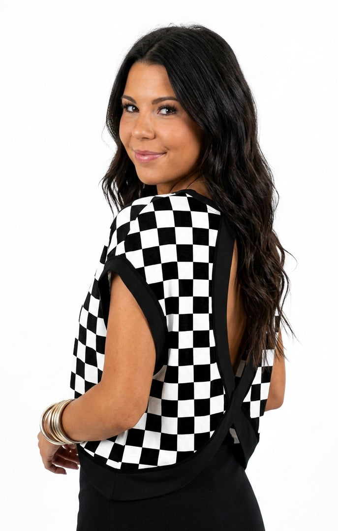 Black & White Checkerboard Cross-Back Top