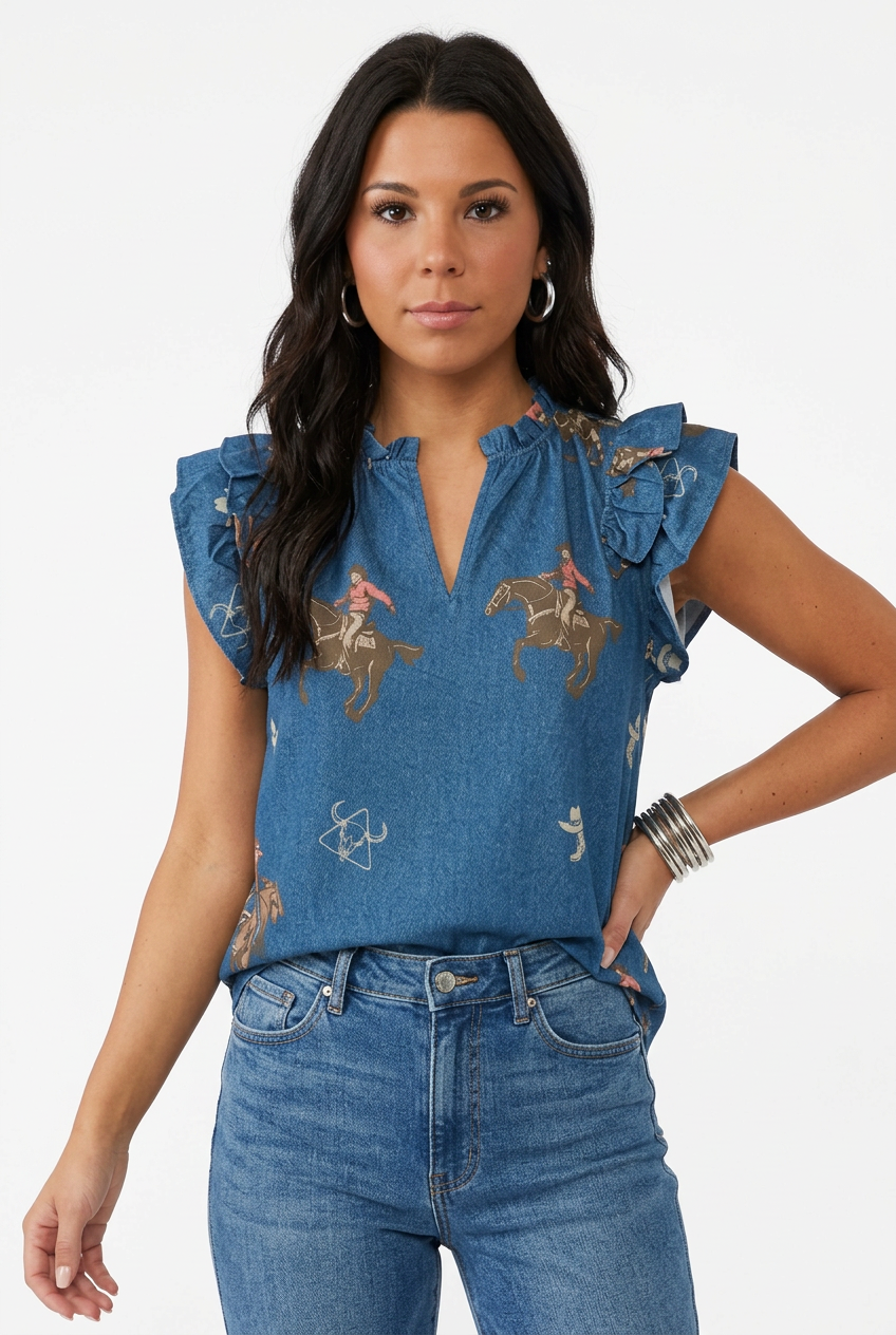 Mid Wash Cowboy Printed Ruffle Western Sleeve Top