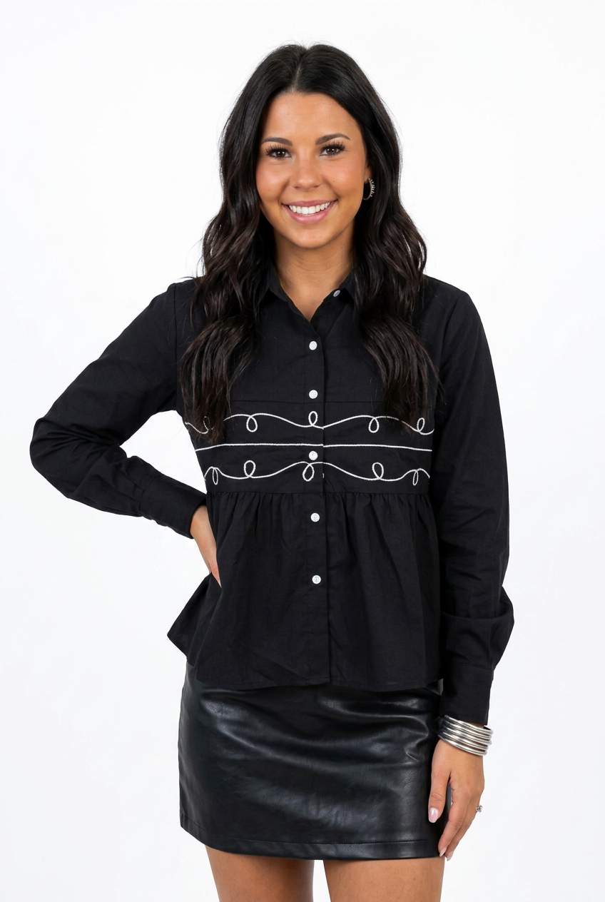 Midnight Loopty Lou Long Sleeve Pearl Snap Top