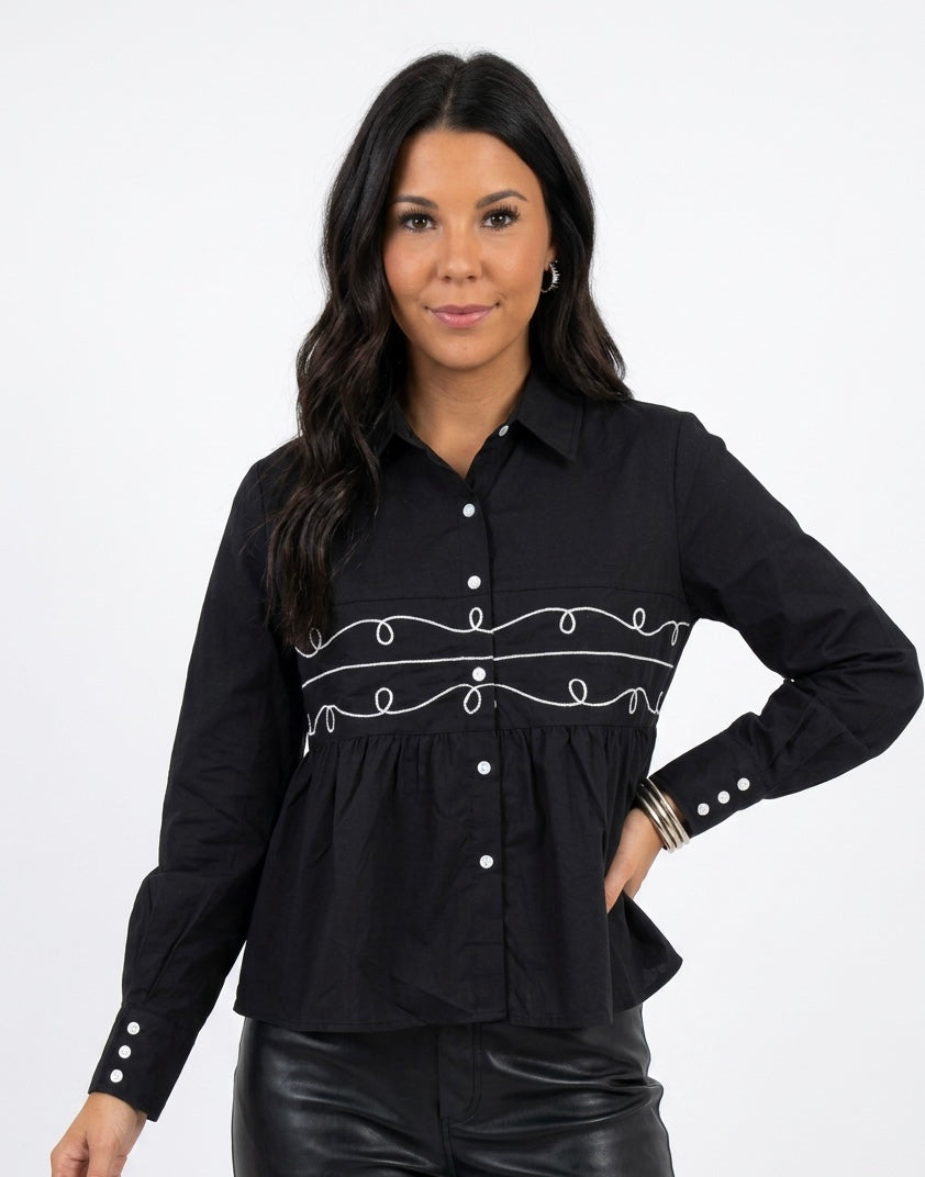 Midnight Loopty Lou Long Sleeve Pearl Snap Top