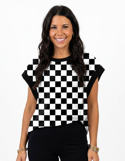 Black & White Checkerboard Cross-Back Top