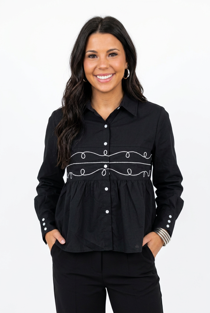 Midnight Loopty Lou Long Sleeve Pearl Snap Top