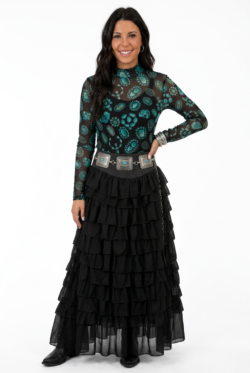 Black Ruffle Multi-Tier Maxi Skirt