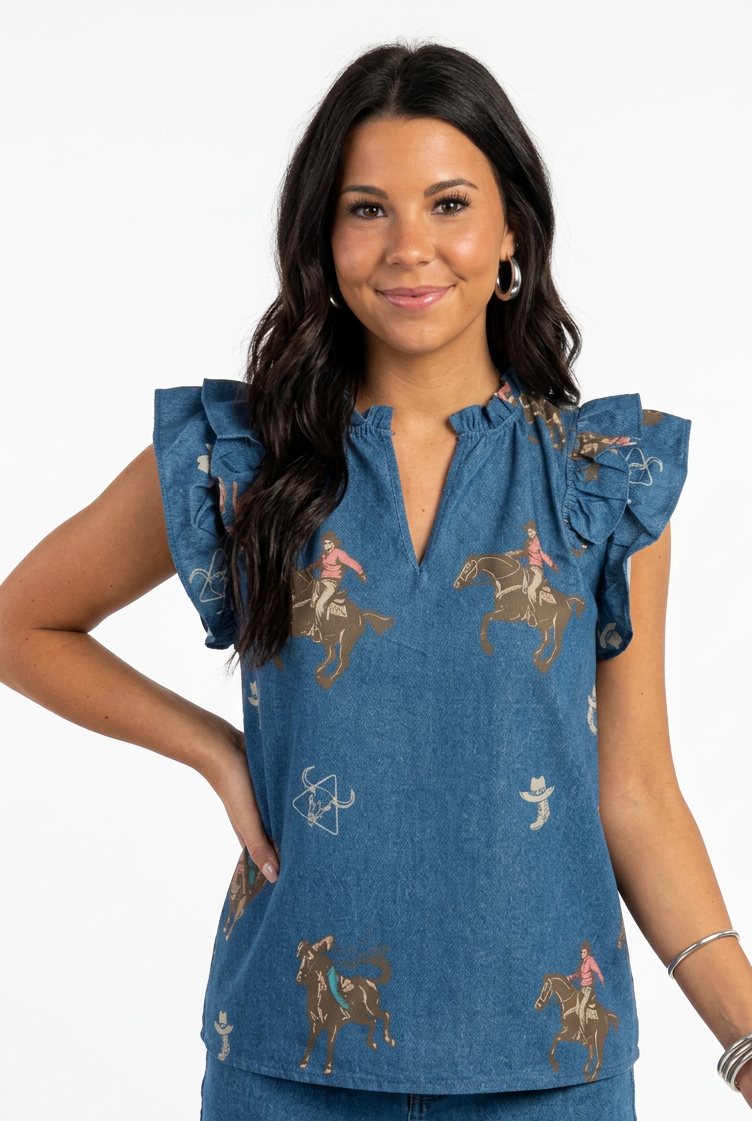Mid Wash Cowboy Printed Ruffle Western Sleeve Top