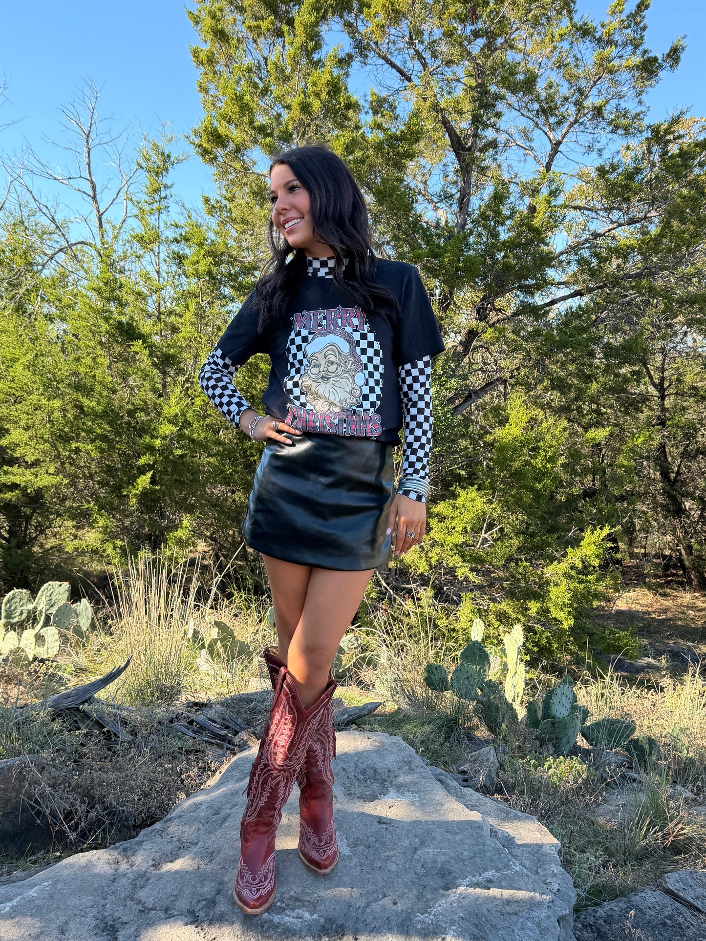 Checked Twice Tee – Western Christmas Graphic Tee