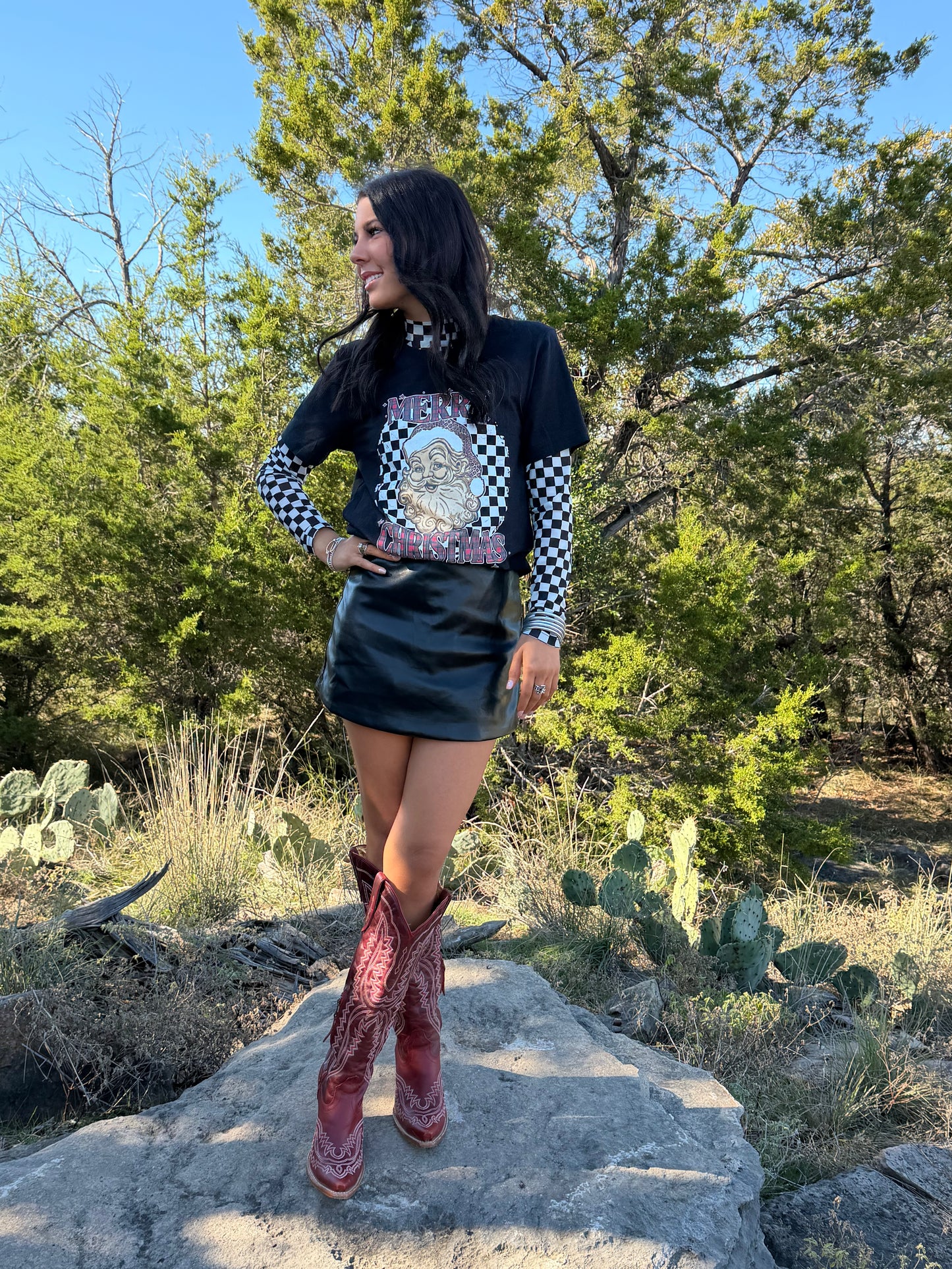 Checked Twice Tee – Western Christmas Graphic Tee