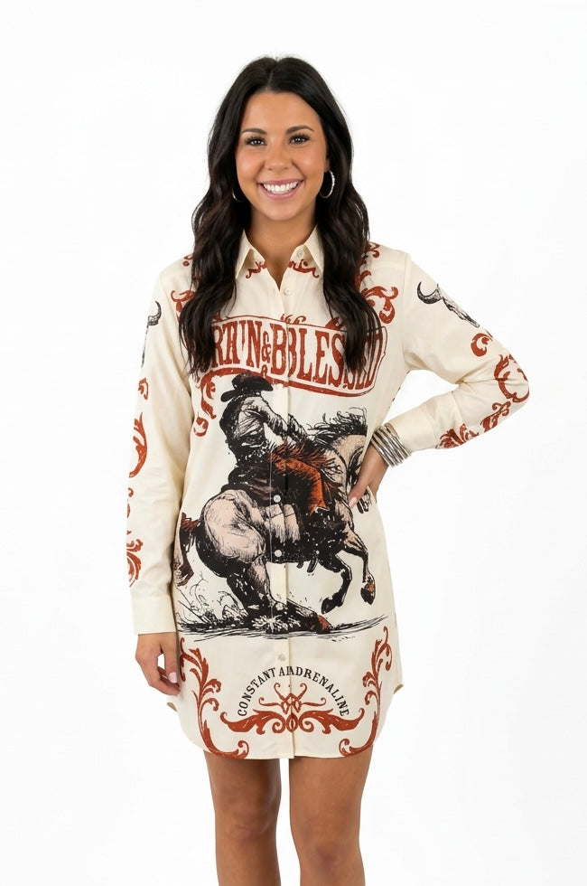Lucky Horse Printed Pearl Snap Long Sleeve Dress