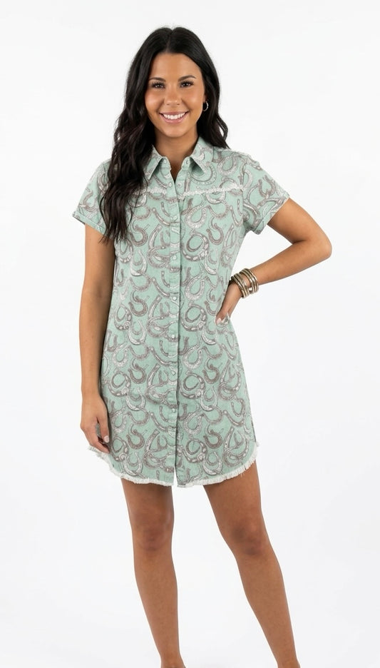 Mint Horseshoe Pearl Snap Dress