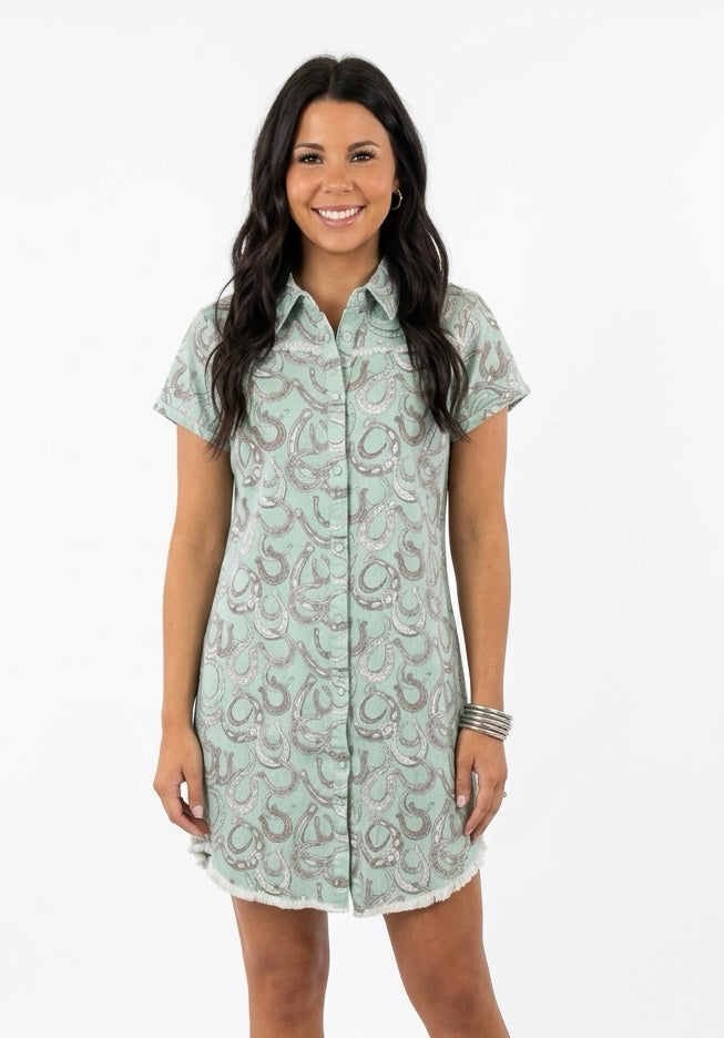 Mint Horseshoe Pearl Snap Dress