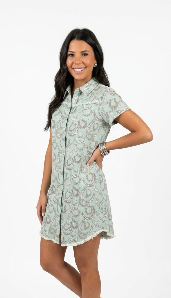Mint Horseshoe Pearl Snap Dress