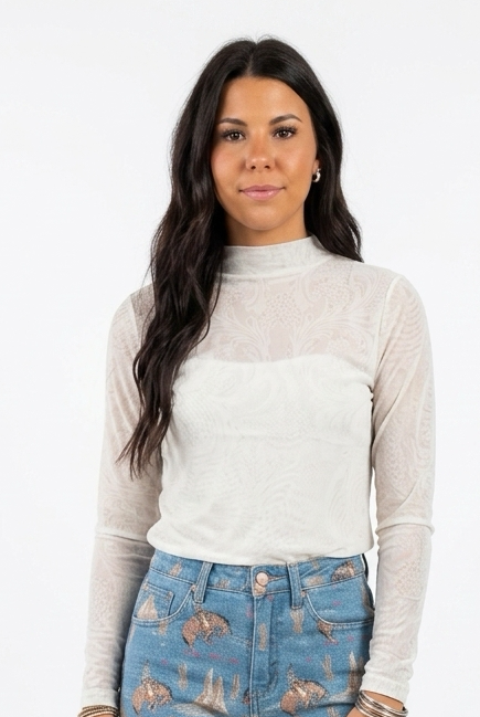 Tooled in Ivory Mesh Top