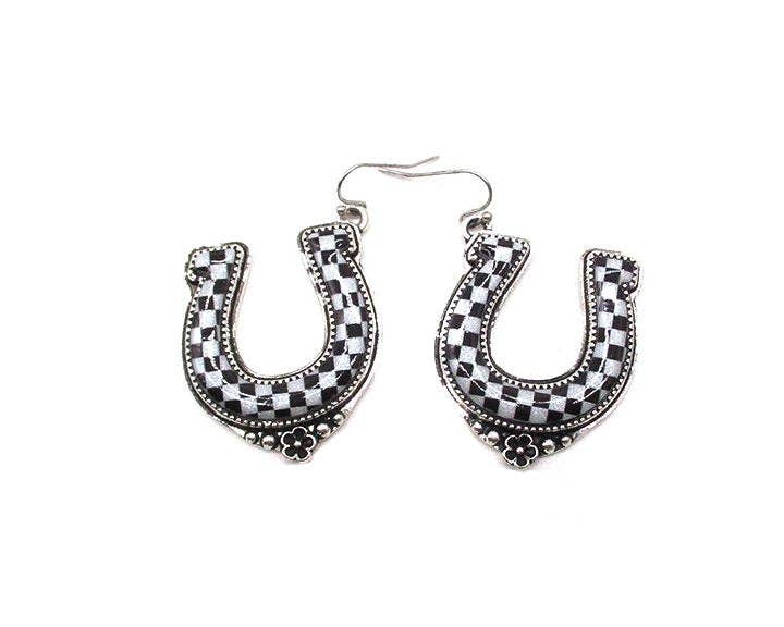 Western Checkered Horshoe Earrings