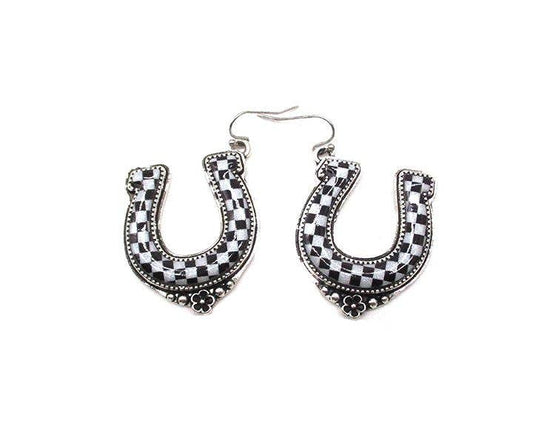 Western Checkered Horshoe Earrings